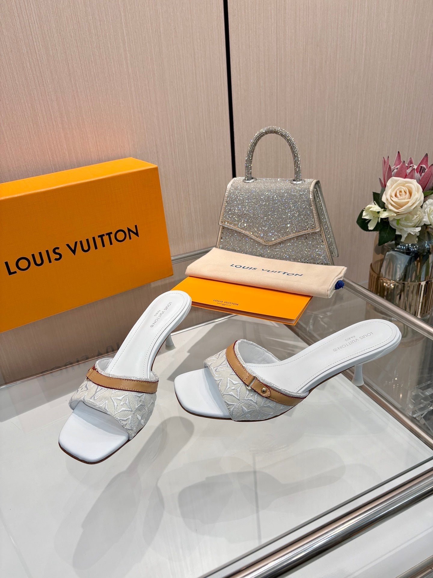 LV 26S HIGH-HEELED MULES 55 MM IN PALE BLUE GRAY EMBROIDERED MONOGRAM CANVAS