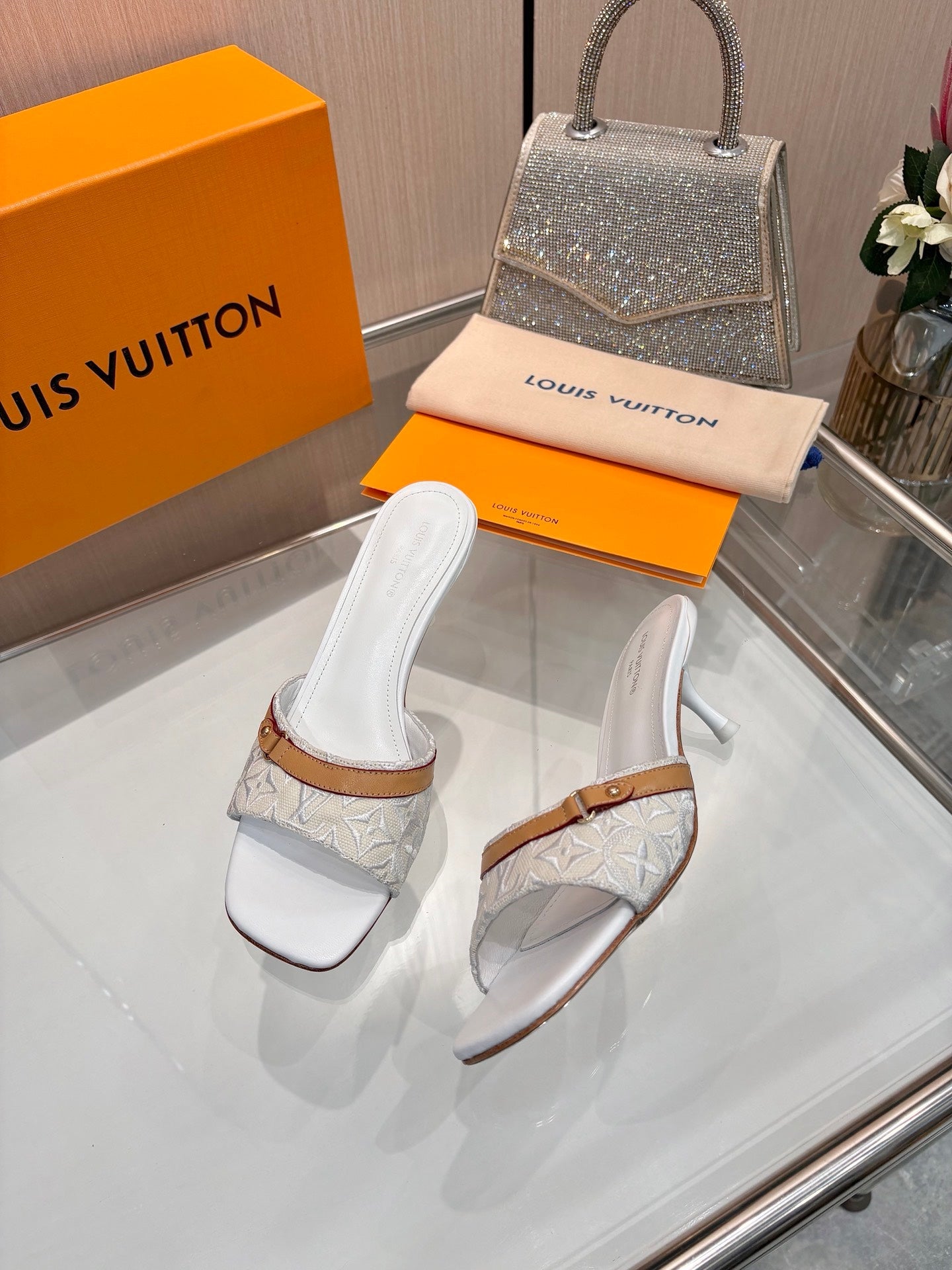 LV 26S HIGH-HEELED MULES 55 MM IN PALE BLUE GRAY EMBROIDERED MONOGRAM CANVAS