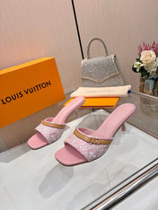 LV 26S HIGH-HEELED MULES 55 MM IN PINK EMBROIDERED MONOGRAM CANVAS
