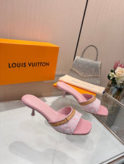 LV 26S HIGH-HEELED MULES 55 MM IN PINK EMBROIDERED MONOGRAM CANVAS