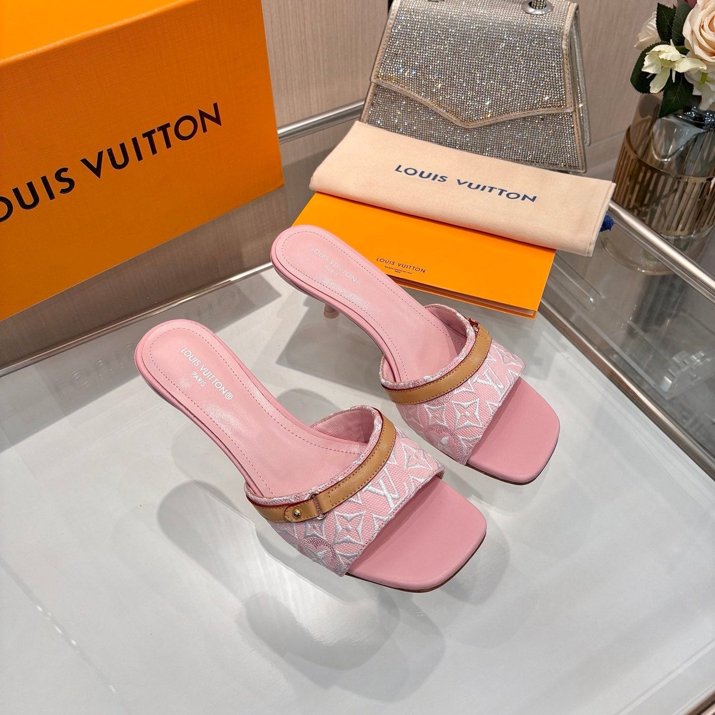 LV 26S HIGH-HEELED MULES 55 MM IN PINK EMBROIDERED MONOGRAM CANVAS