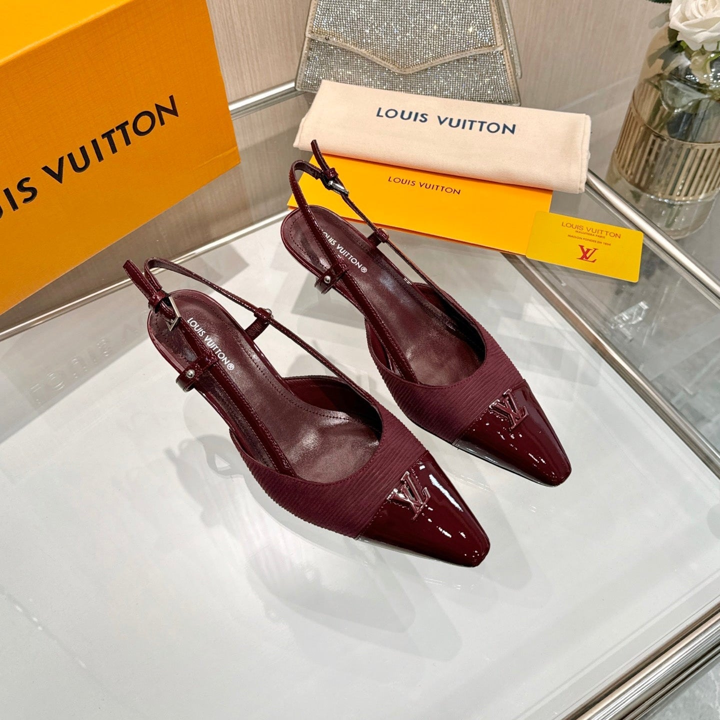 LV 26S SLINGBACK PUMPS 55 MM IN DARK RED FABRIC AND CALFSKIN