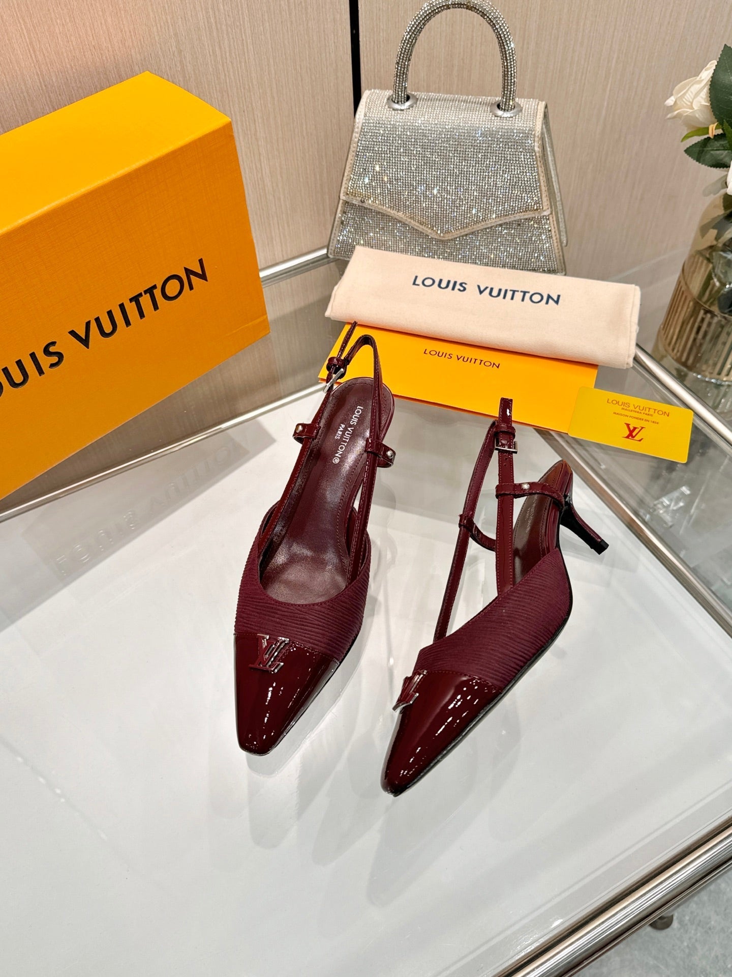 LV 26S SLINGBACK PUMPS 55 MM IN DARK RED FABRIC AND CALFSKIN