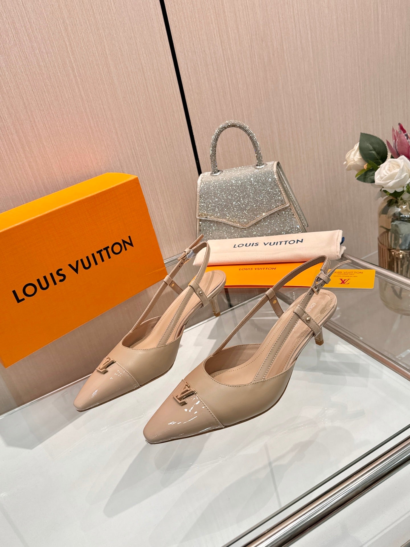 LV 26S SLINGBACK PUMPS 55 MM IN BEIGE BROWN CALFSKIN