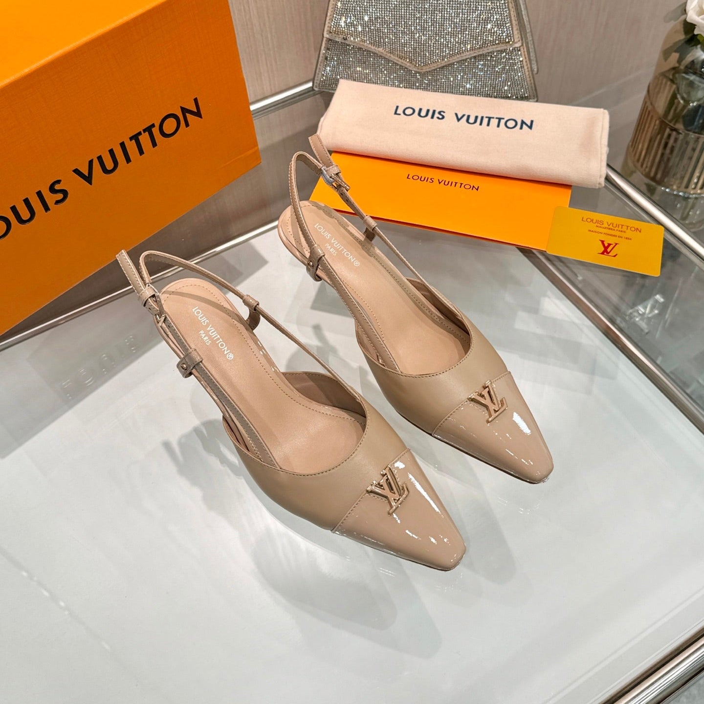 LV 26S SLINGBACK PUMPS 55 MM IN BEIGE BROWN CALFSKIN