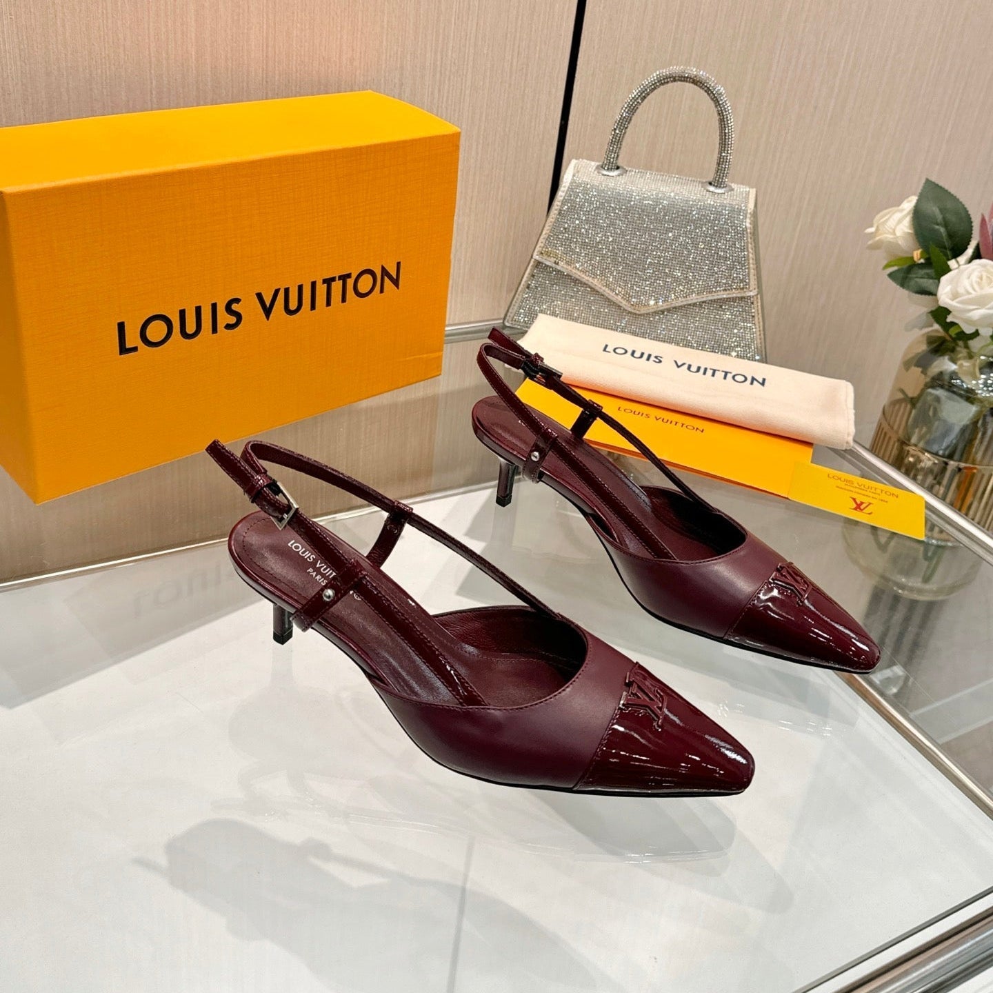 LV 26S SLINGBACK PUMPS 55 MM IN DARK RED CALFSKIN