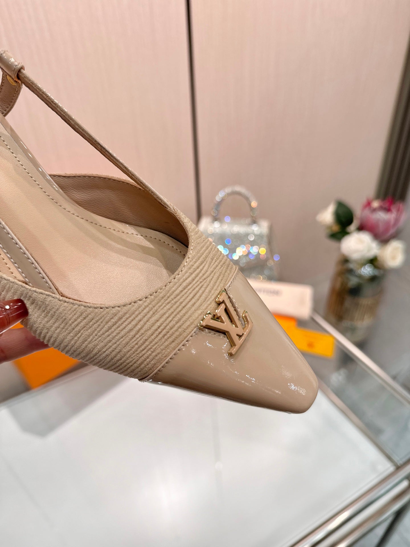 LV 26S SLINGBACK PUMPS 55 MM IN BEIGE BROWN FABRIC AND CALFSKIN