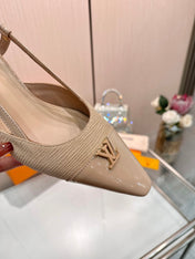 LV 26S SLINGBACK PUMPS 55 MM IN BEIGE BROWN FABRIC AND CALFSKIN