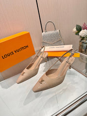 LV 26S SLINGBACK PUMPS 55 MM IN BEIGE BROWN FABRIC AND CALFSKIN