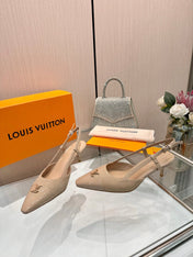 LV 26S SLINGBACK PUMPS 55 MM IN BEIGE BROWN FABRIC AND CALFSKIN