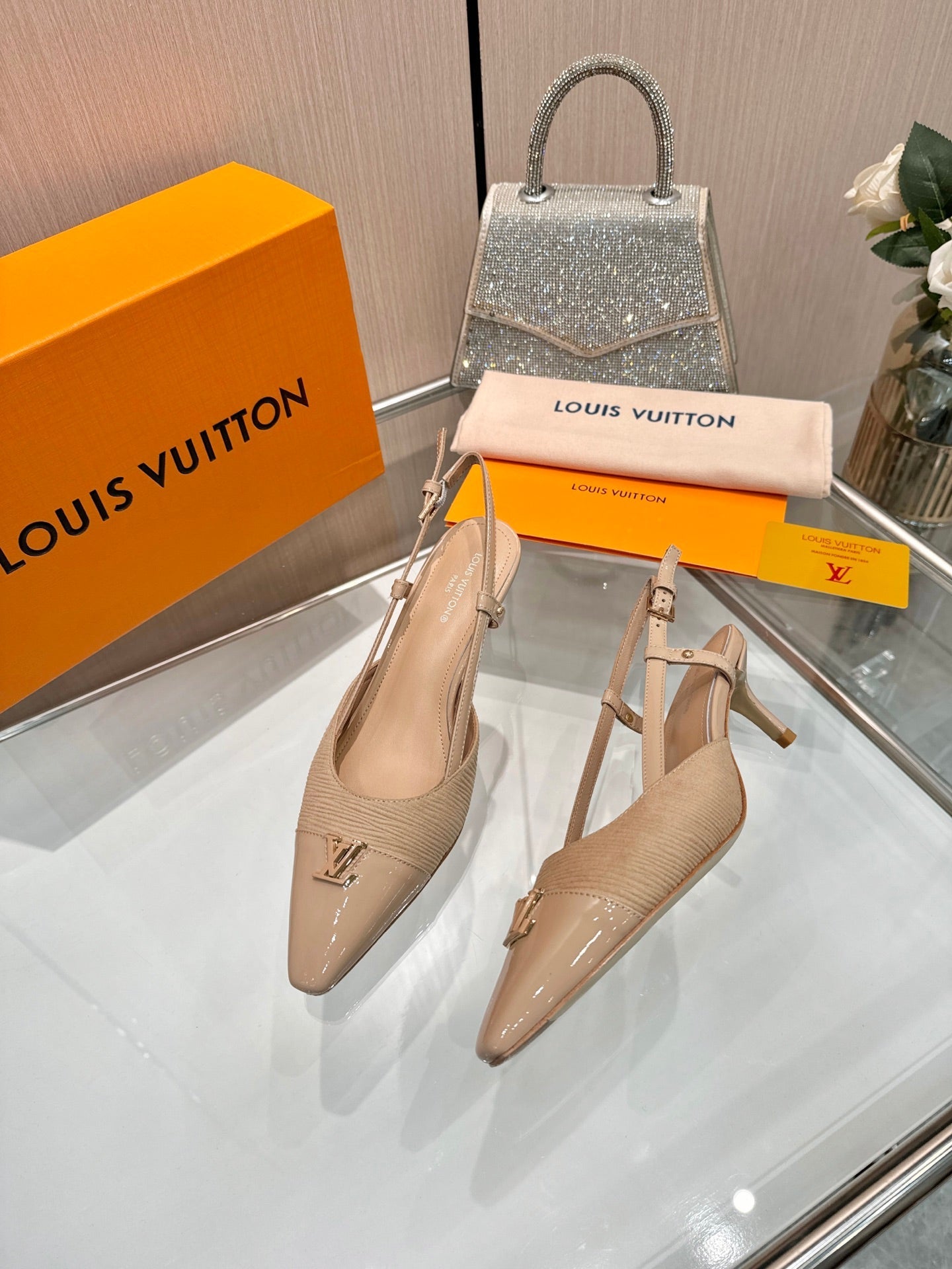 LV 26S SLINGBACK PUMPS 55 MM IN BEIGE BROWN FABRIC AND CALFSKIN
