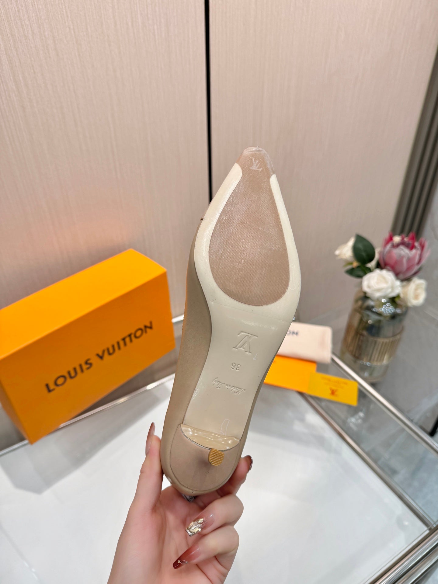 LV 26S POINTED-TOE HIGH HEELS 55 MM IN BEIGE BROWN CALFSKIN