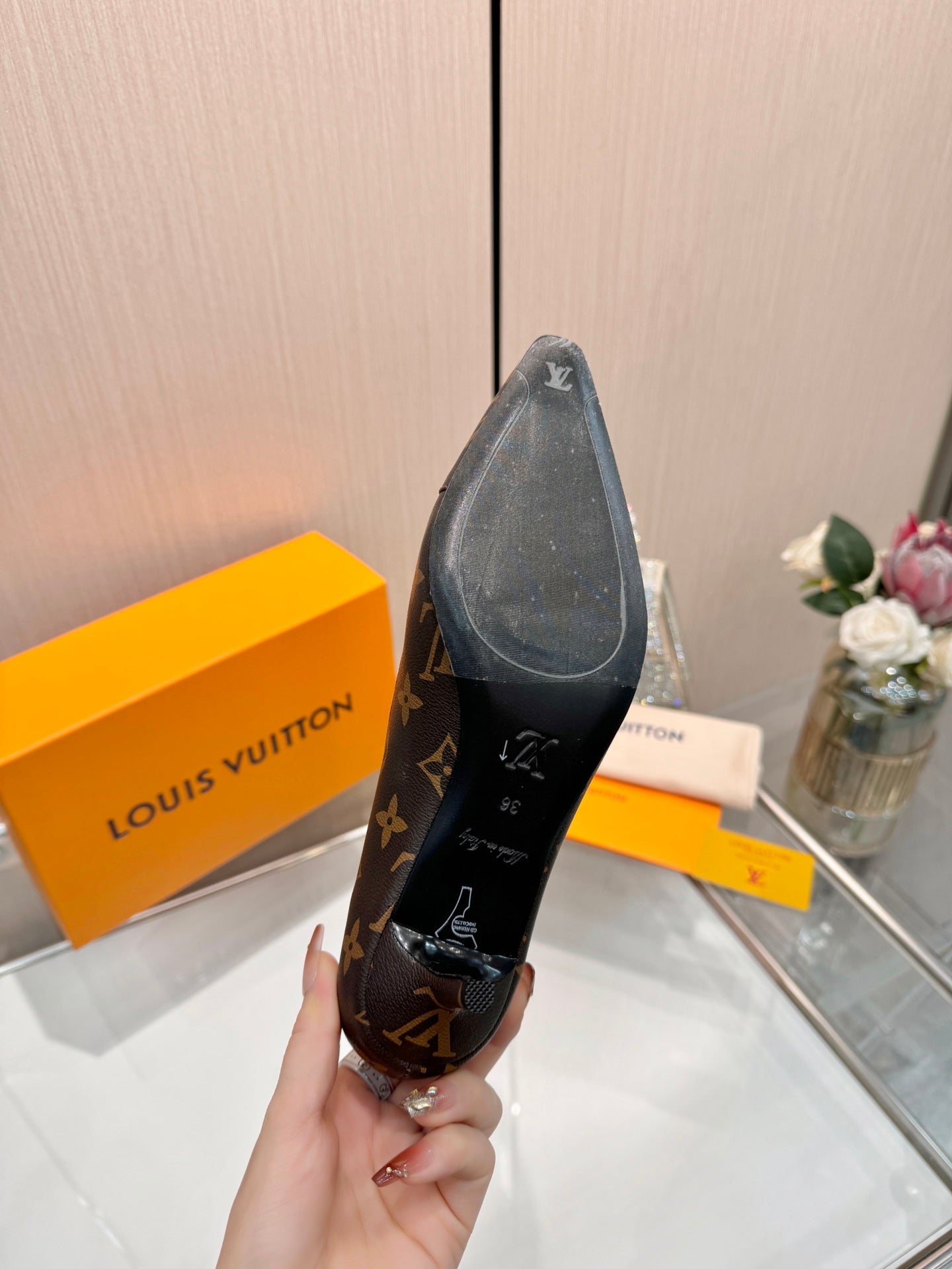 LV 26S POINTED-TOE HIGH HEELS 55 MM IN DARK BROWN COATED CANVAS
