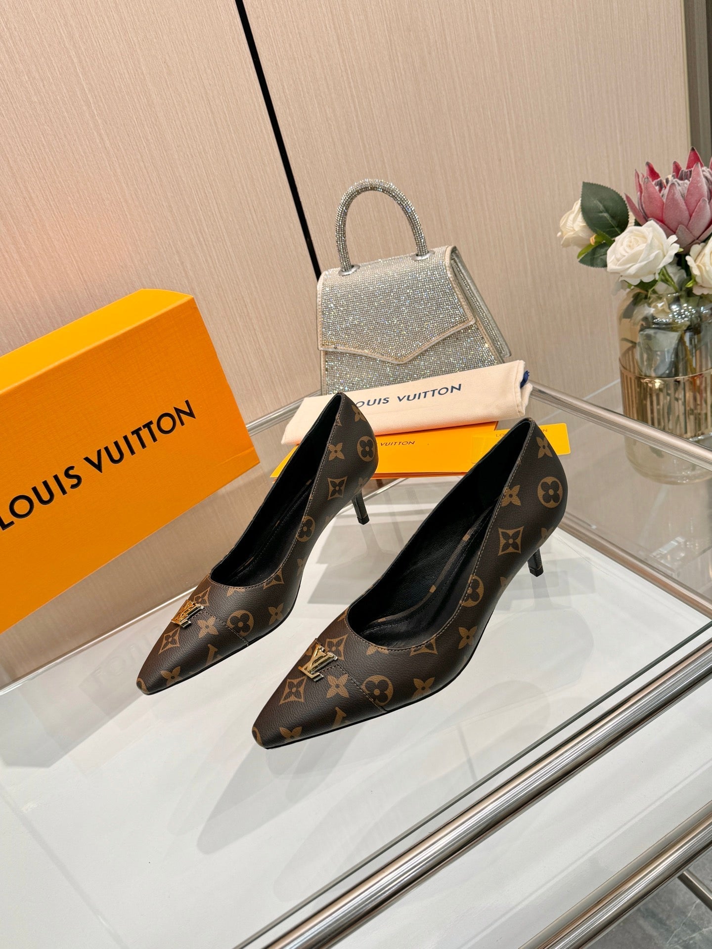 LV 26S POINTED-TOE HIGH HEELS 55 MM IN DARK BROWN COATED CANVAS