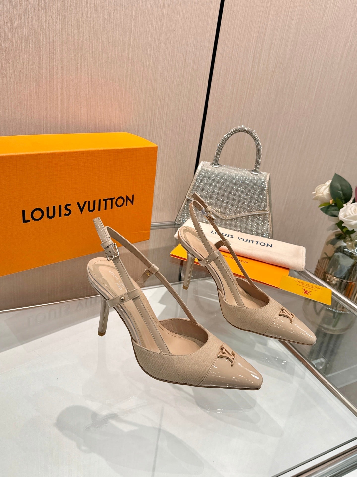 LV 26S SLINGBACK PUMPS 90 MM IN BEIGE BROWN FABRIC AND CALFSKIN