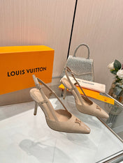 LV 26S SLINGBACK PUMPS 90 MM IN BEIGE BROWN FABRIC AND CALFSKIN