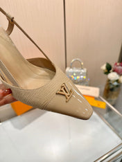 LV 26S SLINGBACK PUMPS 90 MM IN BEIGE BROWN FABRIC AND CALFSKIN