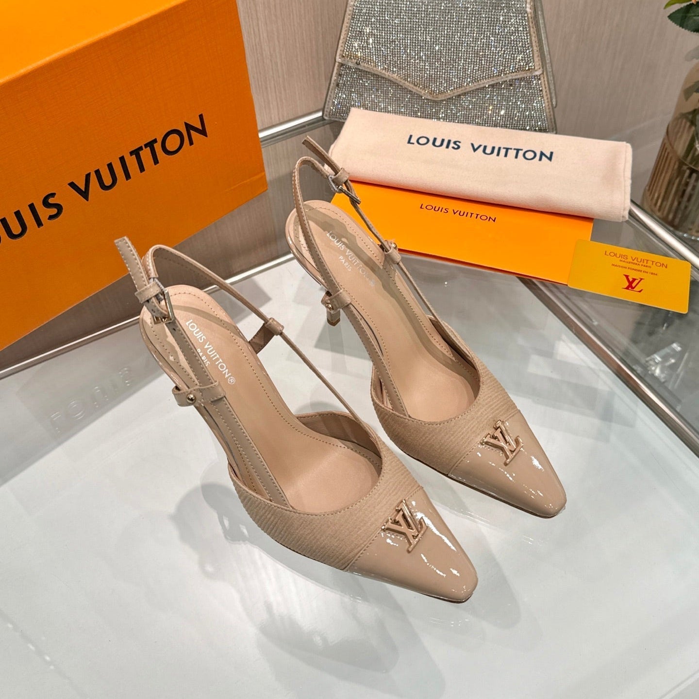 LV 26S SLINGBACK PUMPS 90 MM IN BEIGE BROWN FABRIC AND CALFSKIN