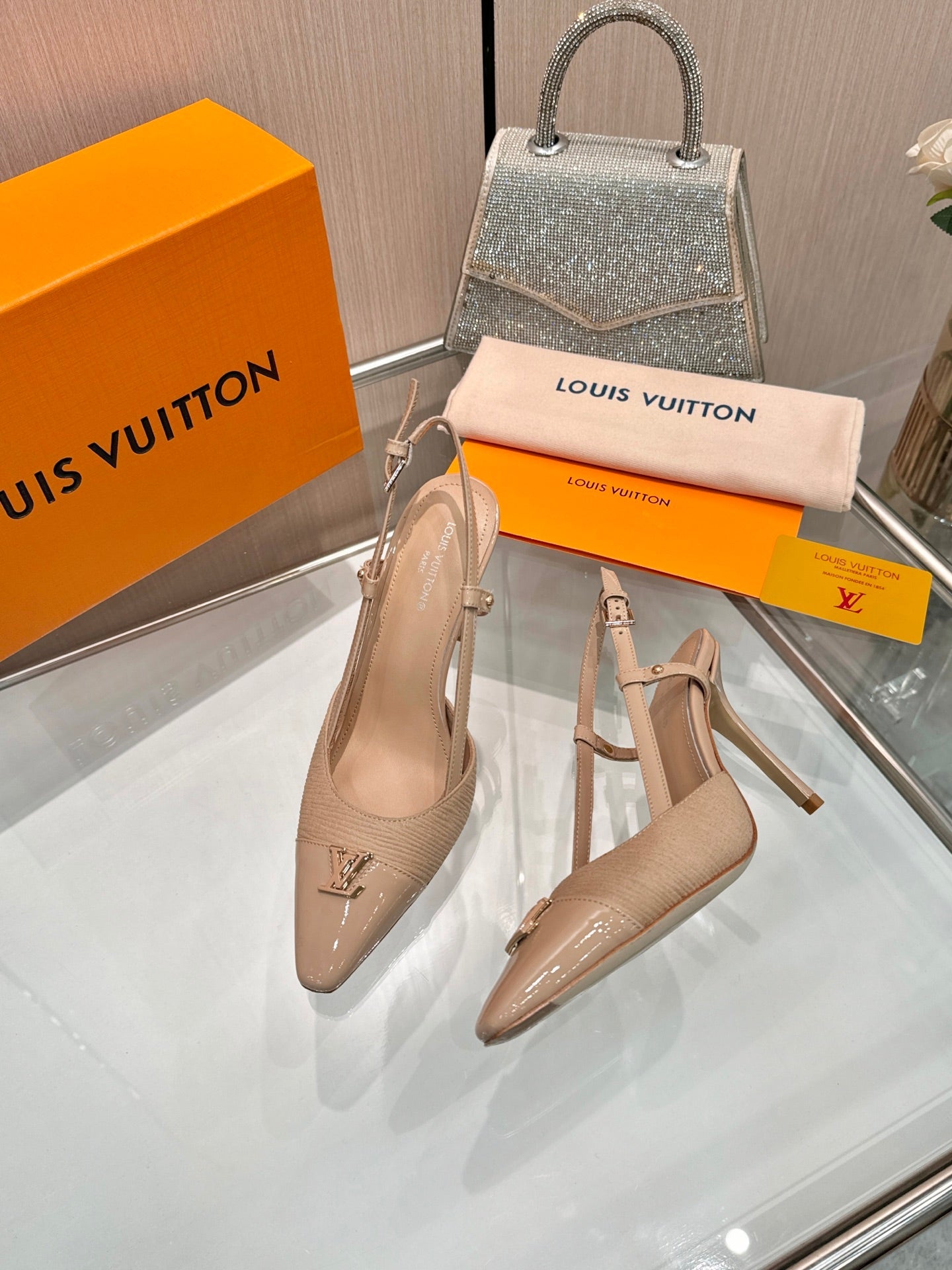 LV 26S SLINGBACK PUMPS 90 MM IN BEIGE BROWN FABRIC AND CALFSKIN
