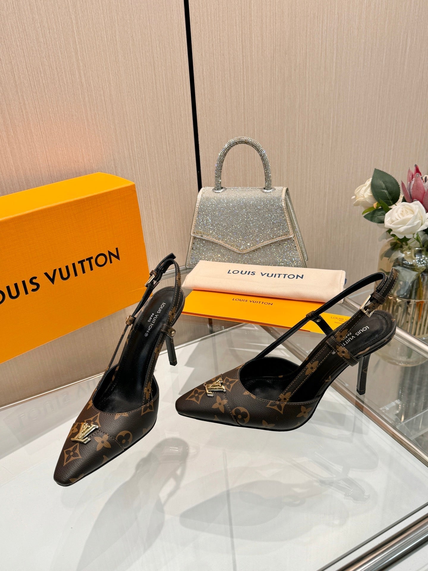 LV 26S SLINGBACK PUMPS 90 MM IN DARK BROWN COATED CANVAS