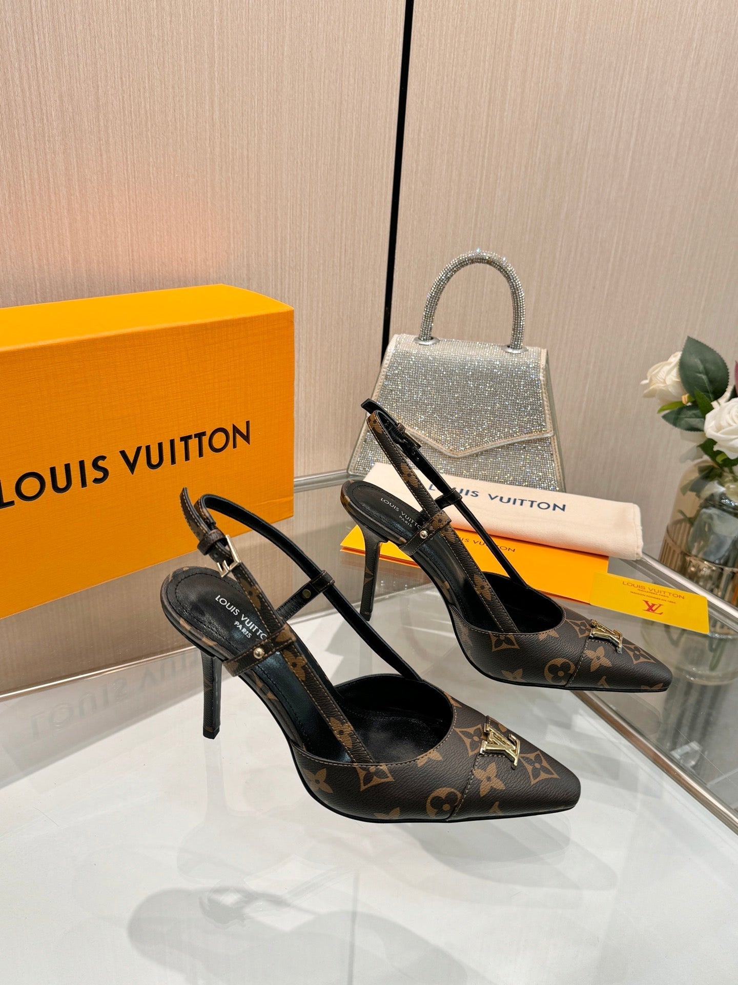 LV 26S SLINGBACK PUMPS 90 MM IN DARK BROWN COATED CANVAS