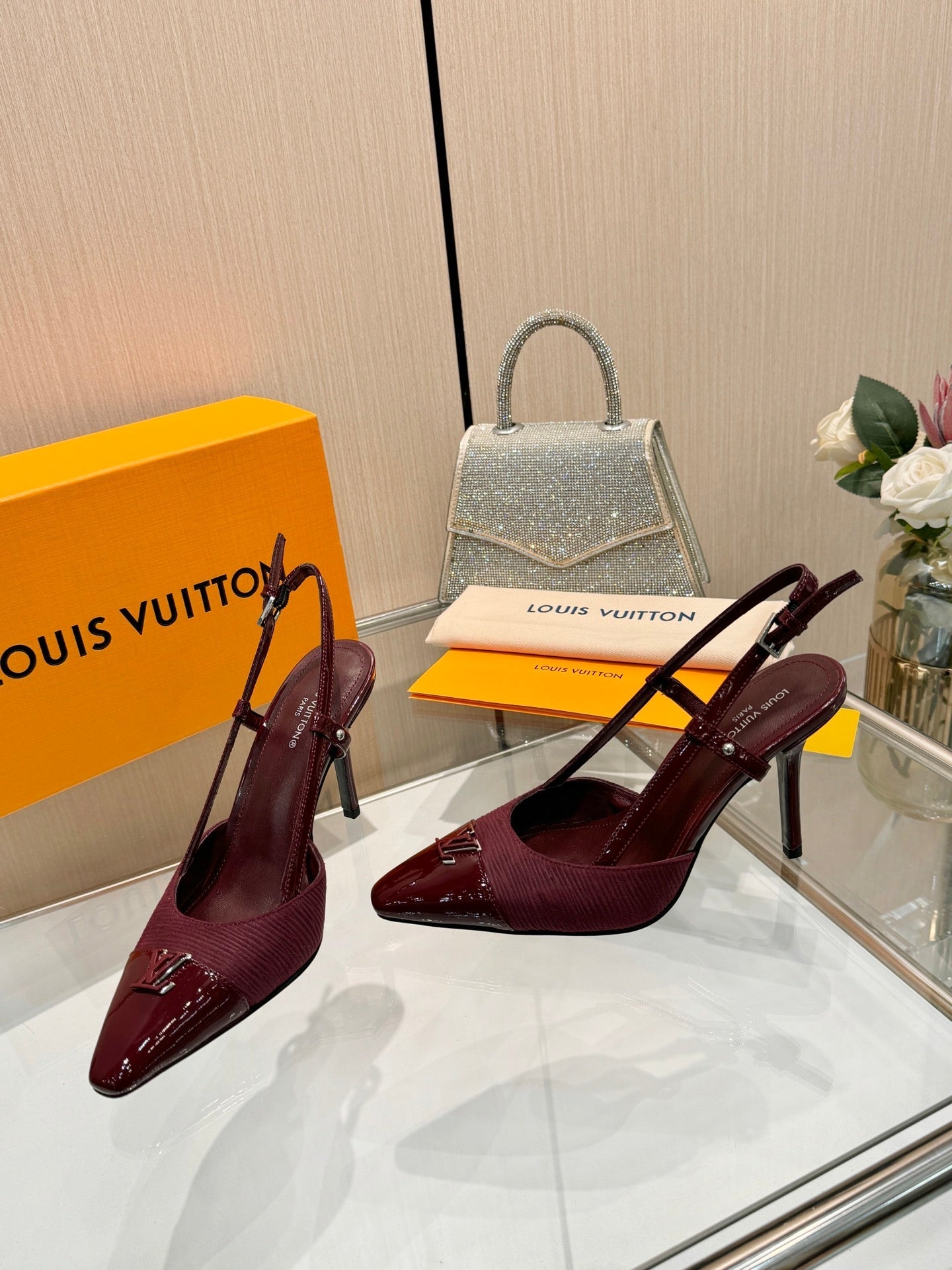 LV 26S SLINGBACK PUMPS 90 MM IN DARK RED FABRIC AND CALFSKIN