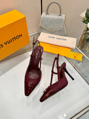 LV 26S SLINGBACK PUMPS 90 MM IN DARK RED FABRIC AND CALFSKIN