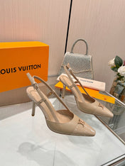 LV 26S SLINGBACK PUMPS 90 MM IN BEIGE BROWN CALFSKIN