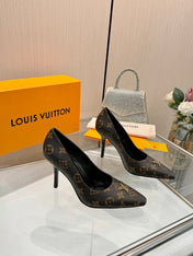 LV 26S POINTED-TOE HIGH HEELS 90 MM IN DARK BROWN COATED CANVAS
