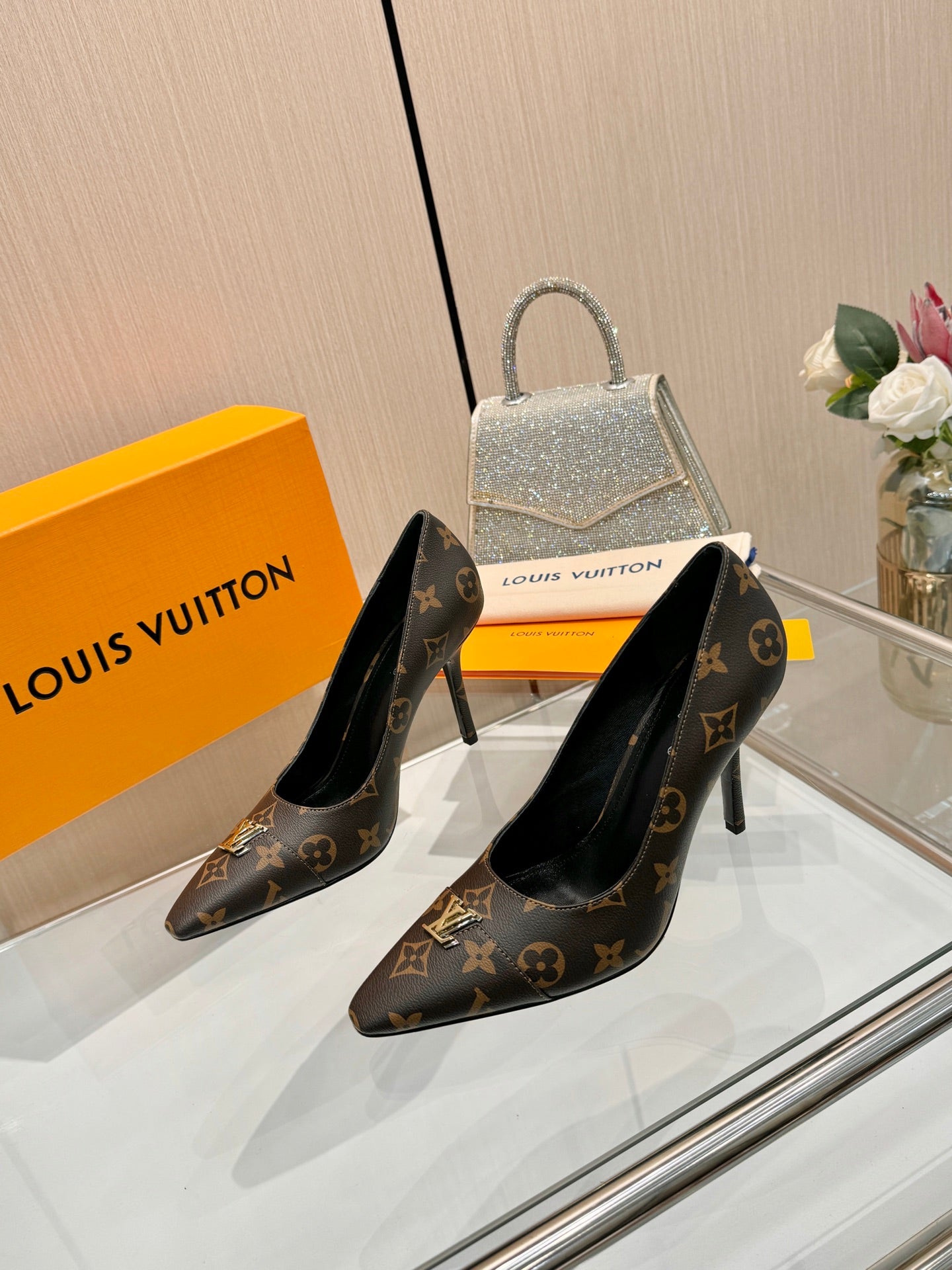 LV 26S POINTED-TOE HIGH HEELS 90 MM IN DARK BROWN COATED CANVAS