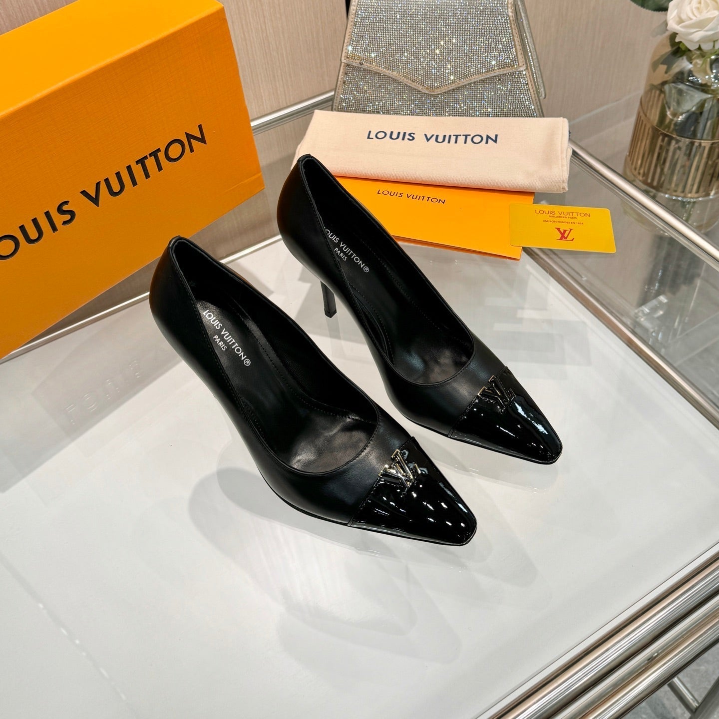 LV 26S POINTED-TOE HIGH HEELS 90 MM IN BLACK CALFSKIN