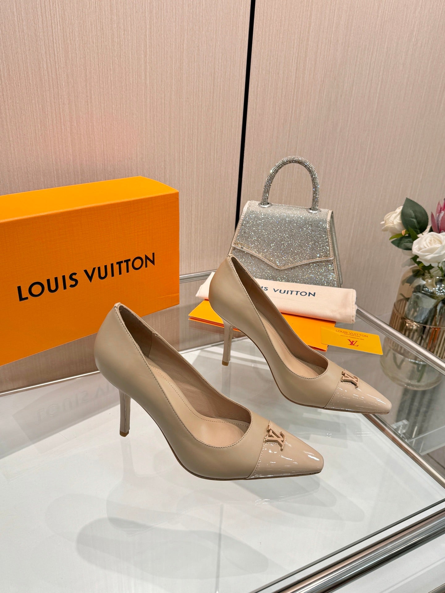 LV 26S POINTED-TOE HIGH HEELS 90 MM IN BEIGE BROWN CALFSKIN