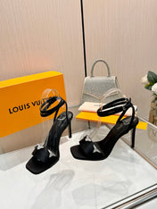 LV 26S HIGH-HEELED SANDALS 90 MM IN BLACK SATIN