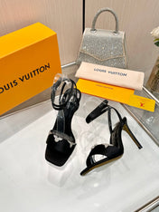 LV 26S HIGH-HEELED SANDALS 90 MM IN BLACK SATIN