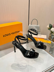 LV 26S HIGH-HEELED SANDALS 90 MM IN BLACK GLOSSY CALFSKIN