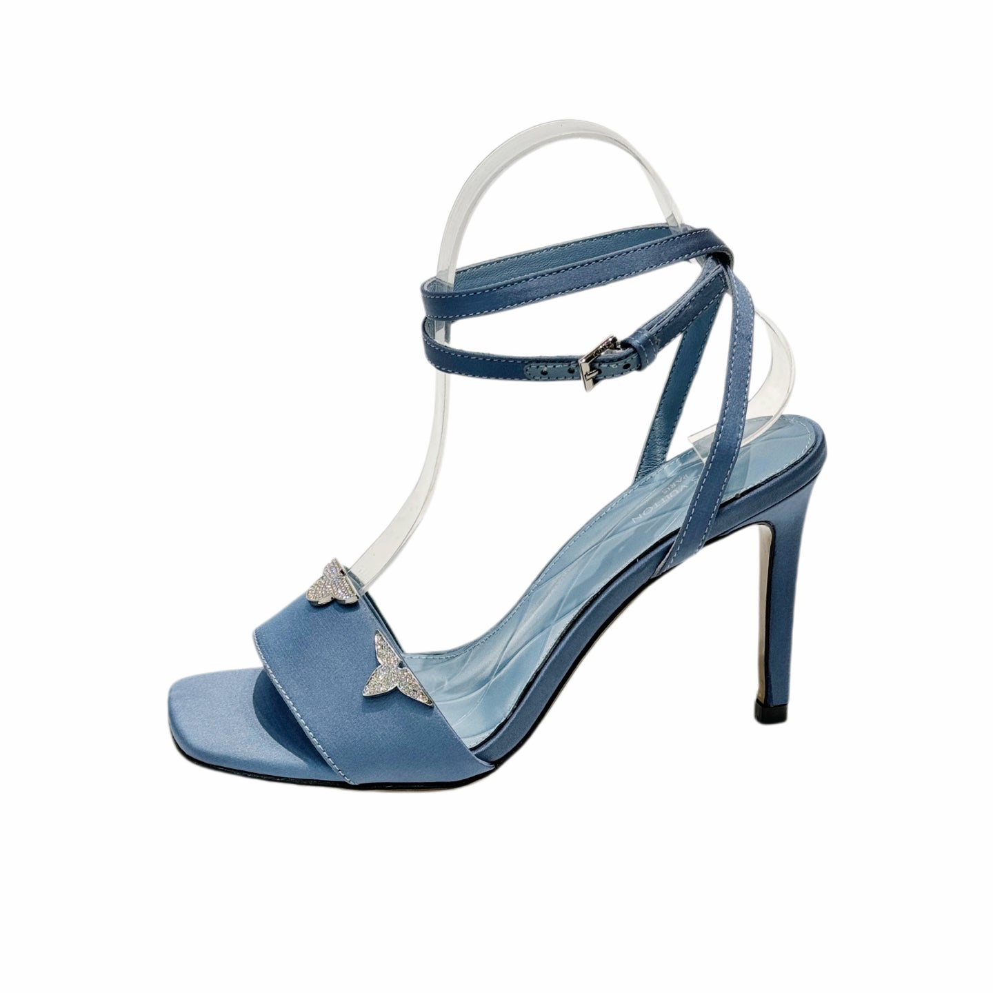 LV 26S HIGH-HEELED SANDALS 90 MM IN DUSTY BLUE SATIN