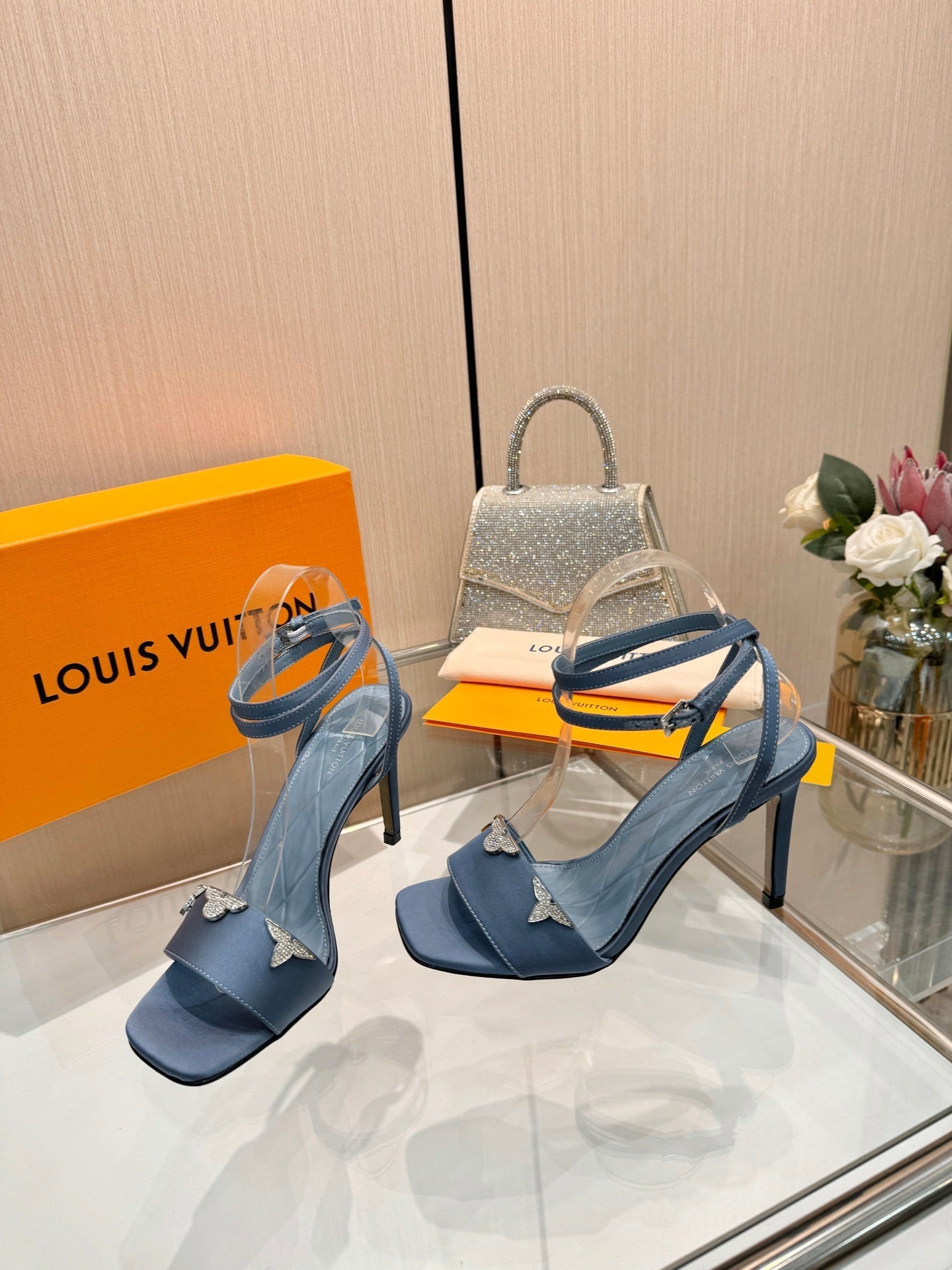 LV 26S HIGH-HEELED SANDALS 90 MM IN DUSTY BLUE SATIN