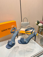 LV 26S HIGH-HEELED SANDALS 90 MM IN DUSTY BLUE SATIN