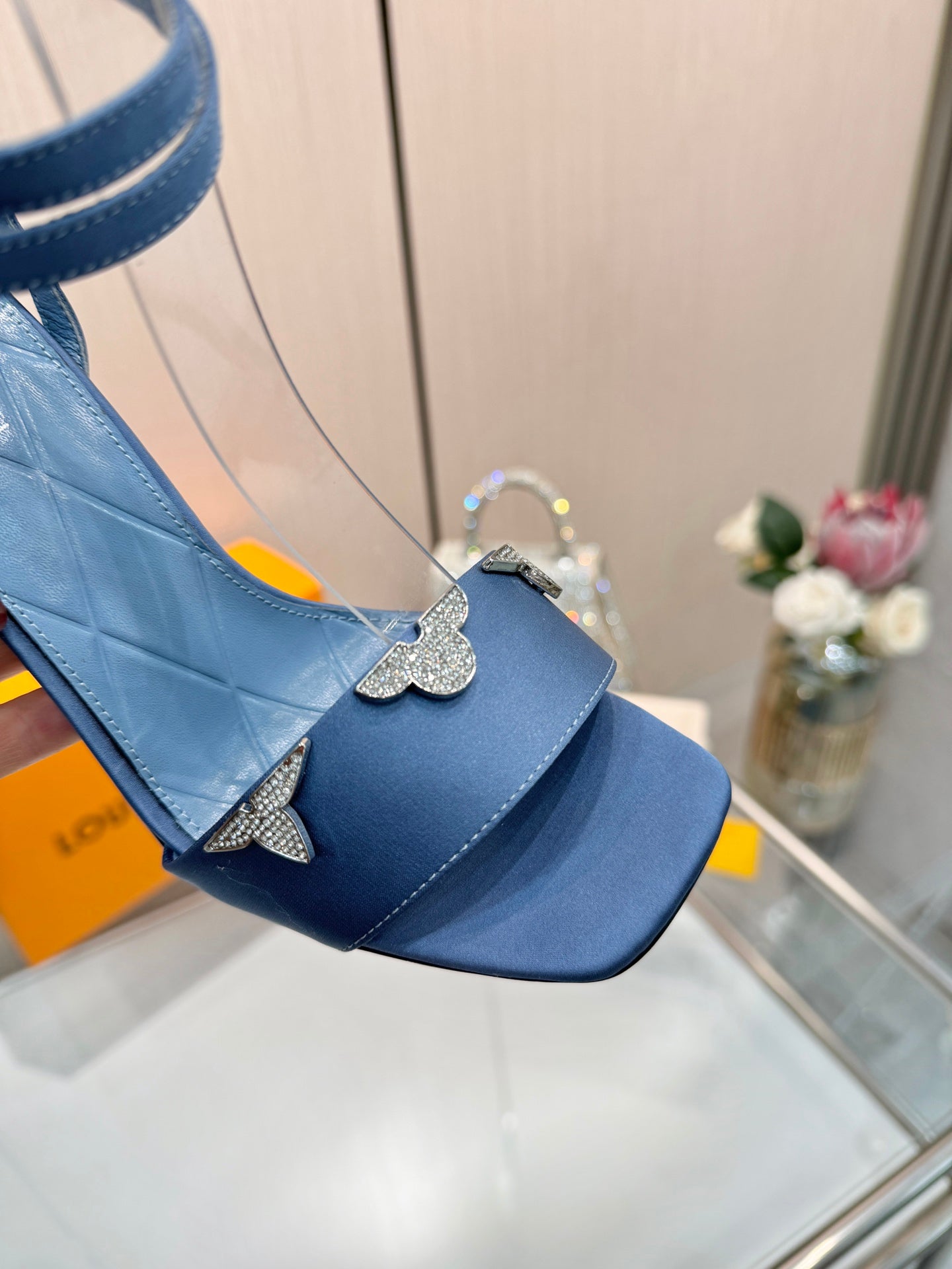 LV 26S HIGH-HEELED SANDALS 90 MM IN DUSTY BLUE SATIN