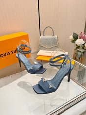 LV 26S HIGH-HEELED SANDALS 90 MM IN DUSTY BLUE SATIN