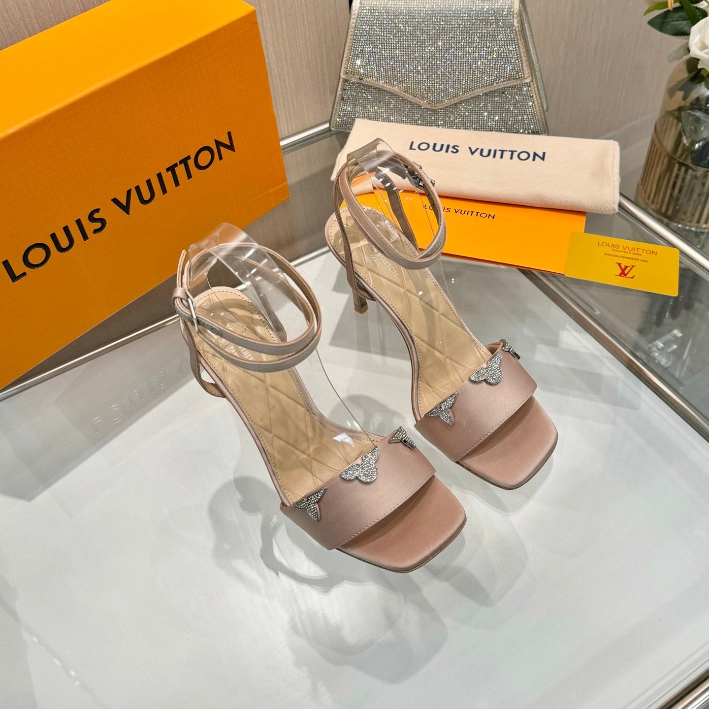 LV 26S HIGH-HEELED SANDALS 90 MM IN NUDE PINK SATIN