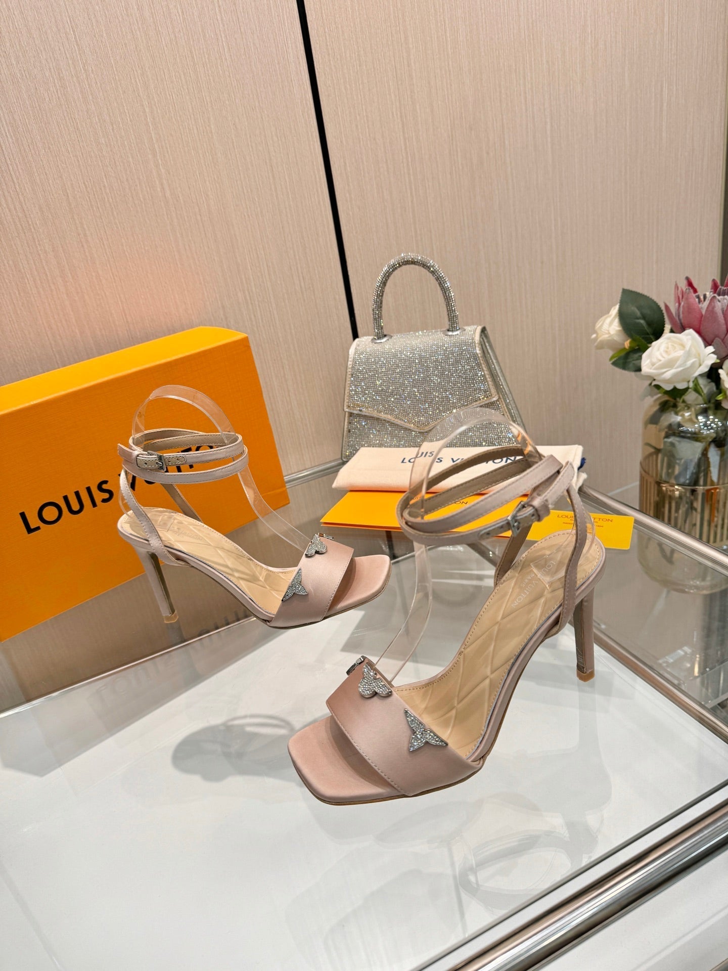 LV 26S HIGH-HEELED SANDALS 90 MM IN NUDE PINK SATIN