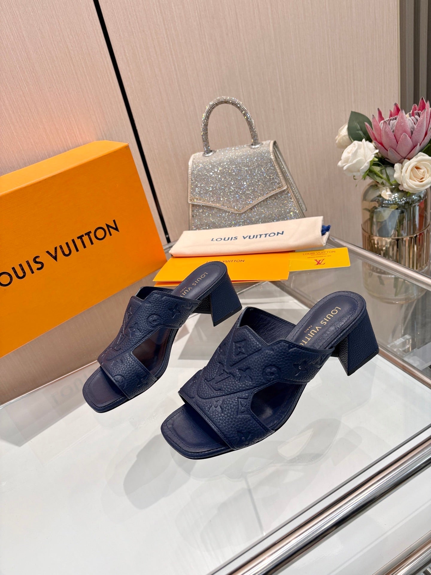 LV 26S HIGH-HEELED SANDALS 55 MM IN DARK SLATE BLUE CALFSKIN