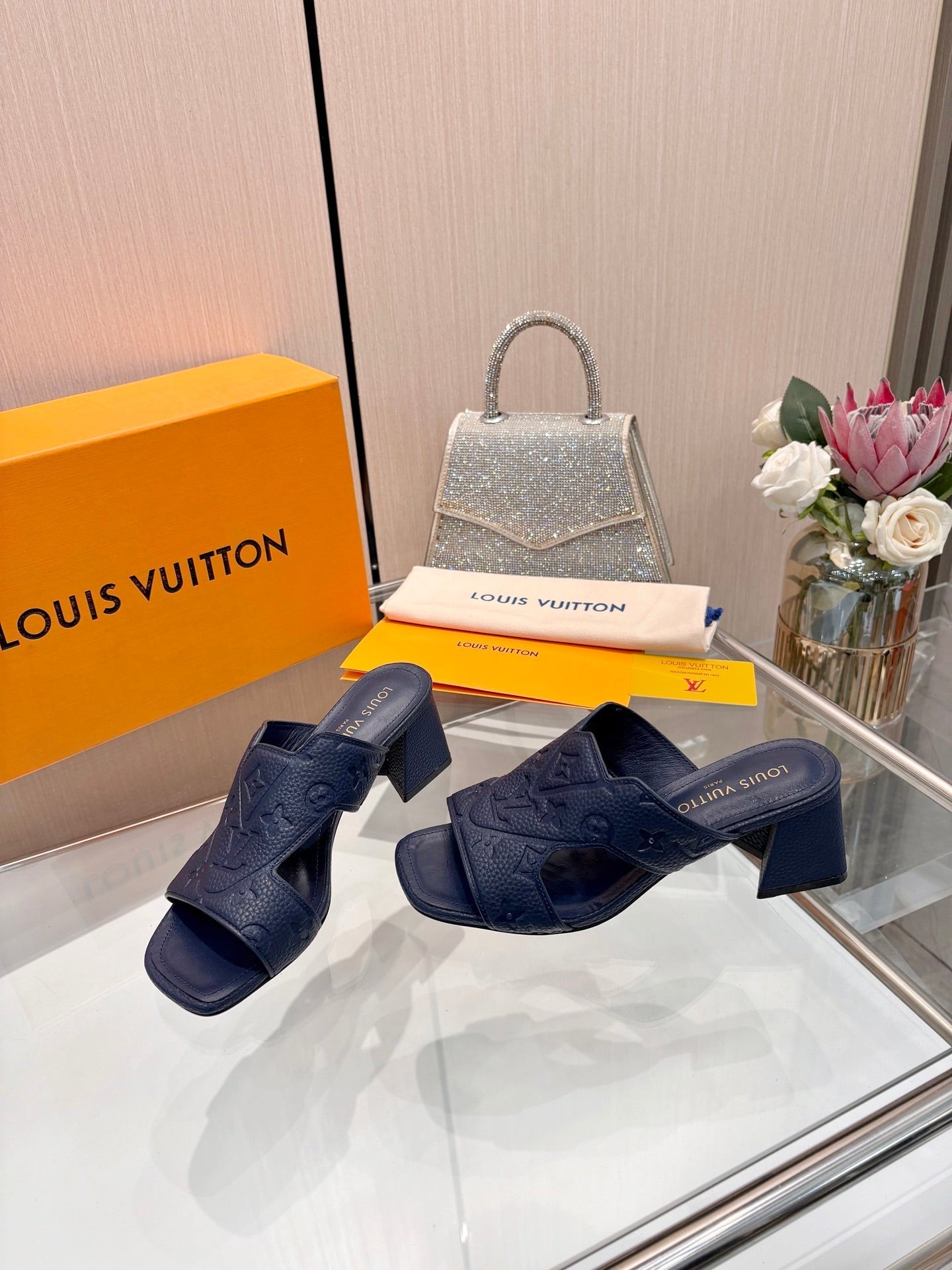 LV 26S HIGH-HEELED SANDALS 55 MM IN DARK SLATE BLUE CALFSKIN