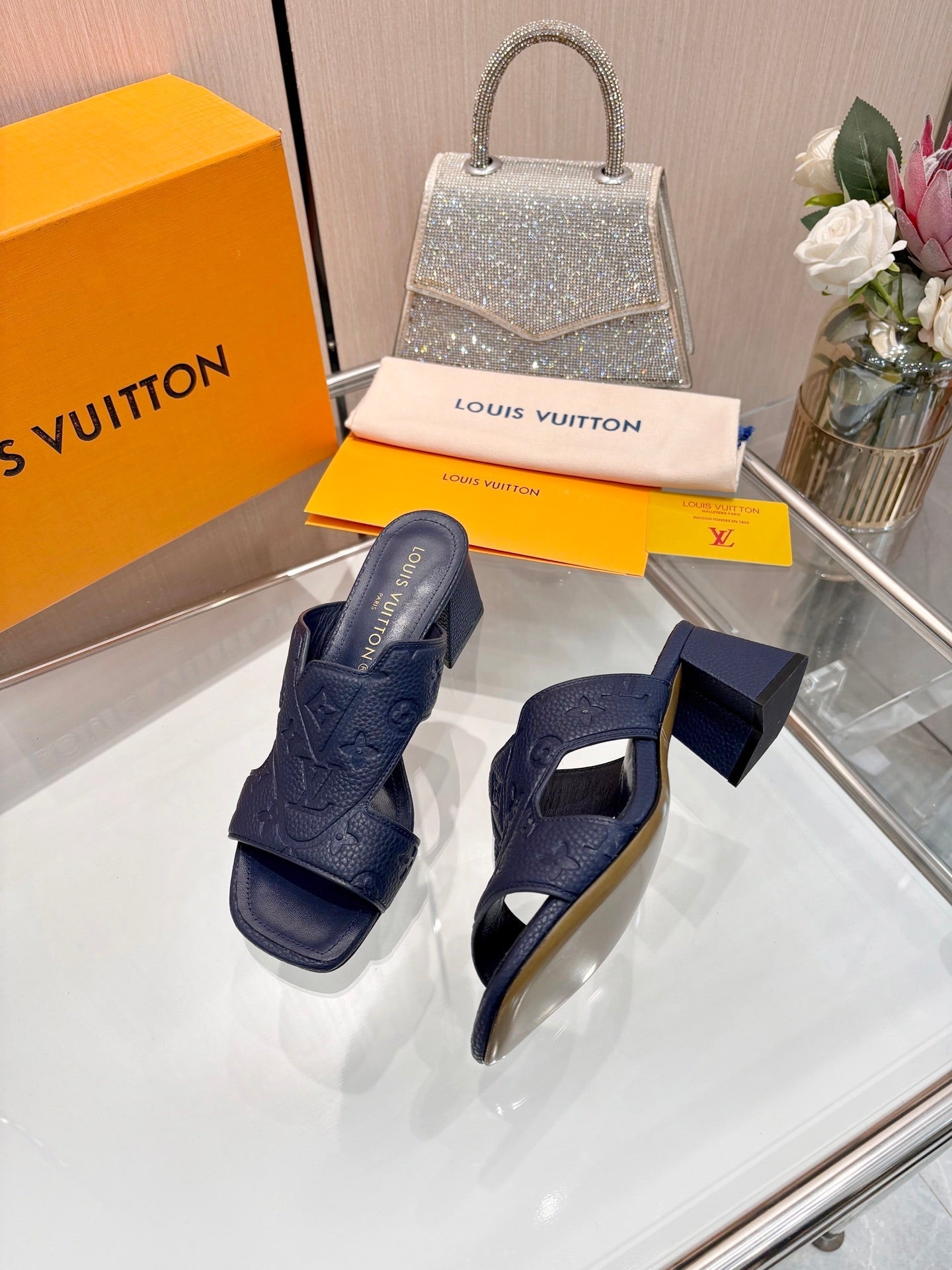 LV 26S HIGH-HEELED SANDALS 55 MM IN DARK SLATE BLUE CALFSKIN