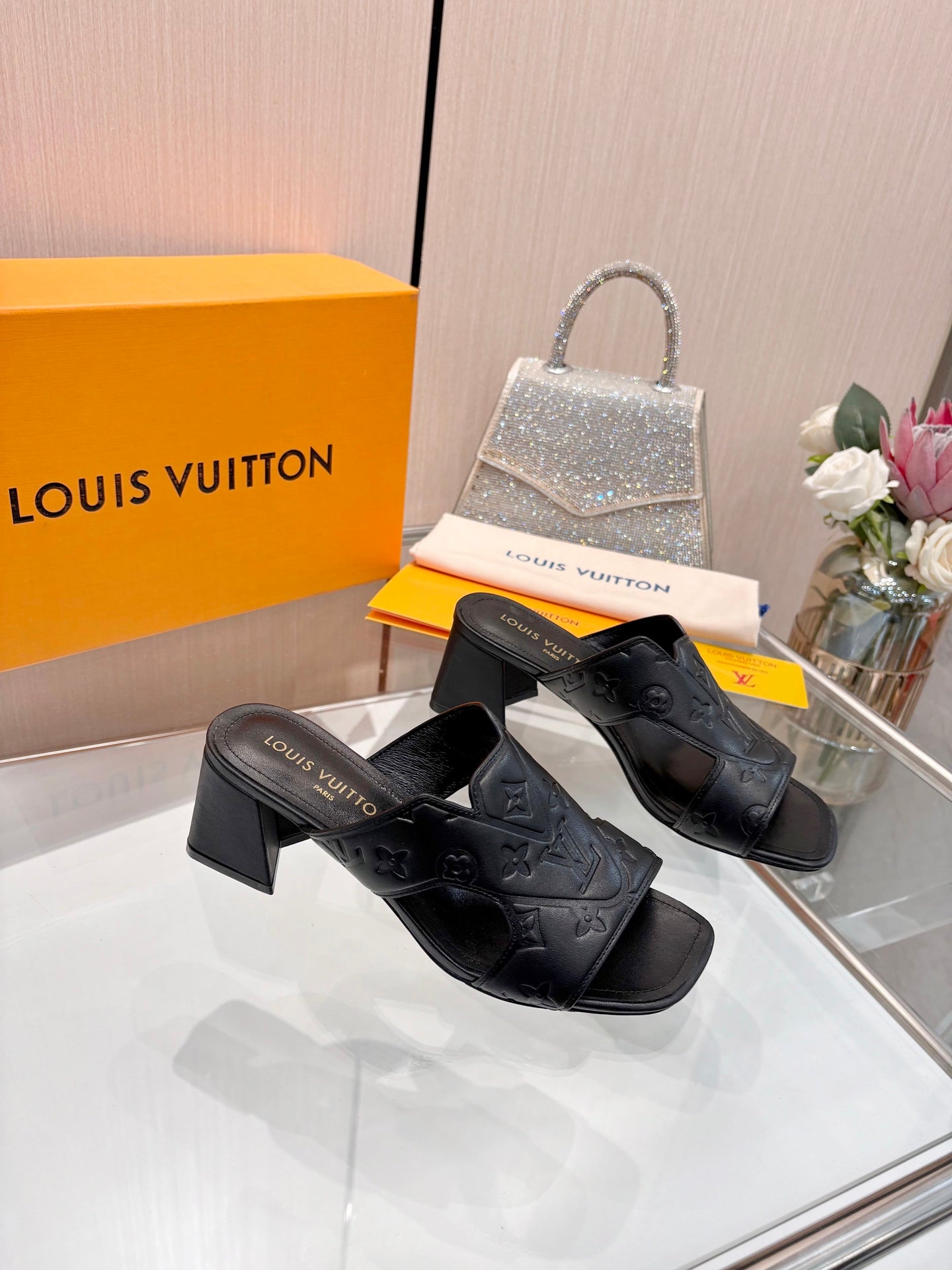 LV 26S HIGH-HEELED SANDALS 55 MM IN BLACK CALFSKIN