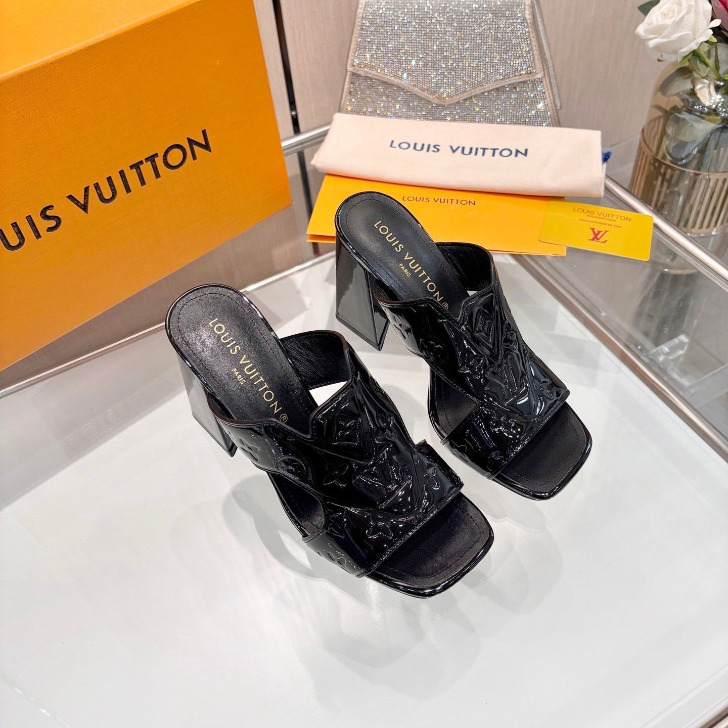LV 26S HIGH-HEELED SANDALS 90 MM BLACK SHINY CALFSKIN