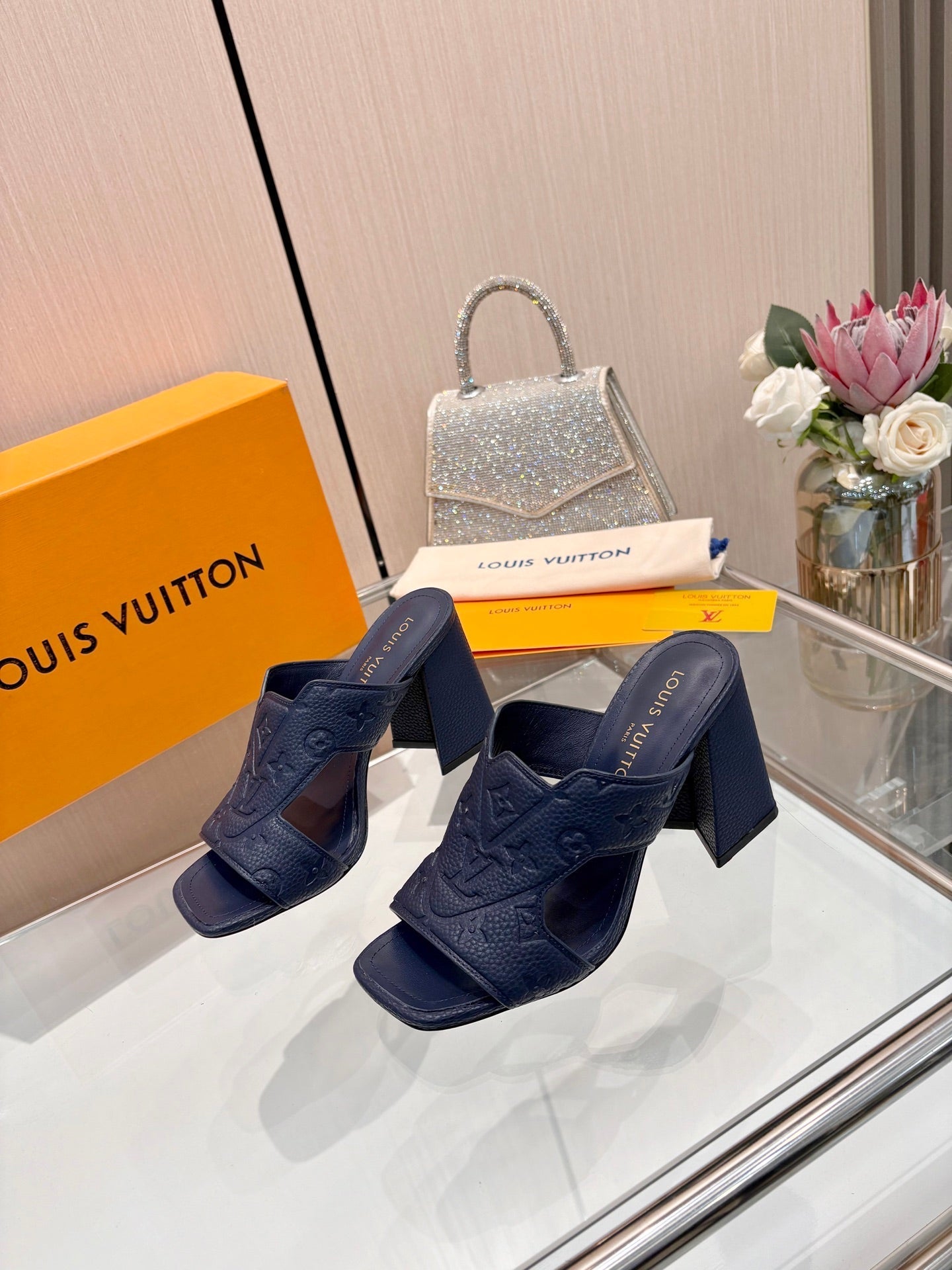 LV 26S HIGH-HEELED SANDALS 90 MM IN DARK SLATE BLUE CALFSKIN
