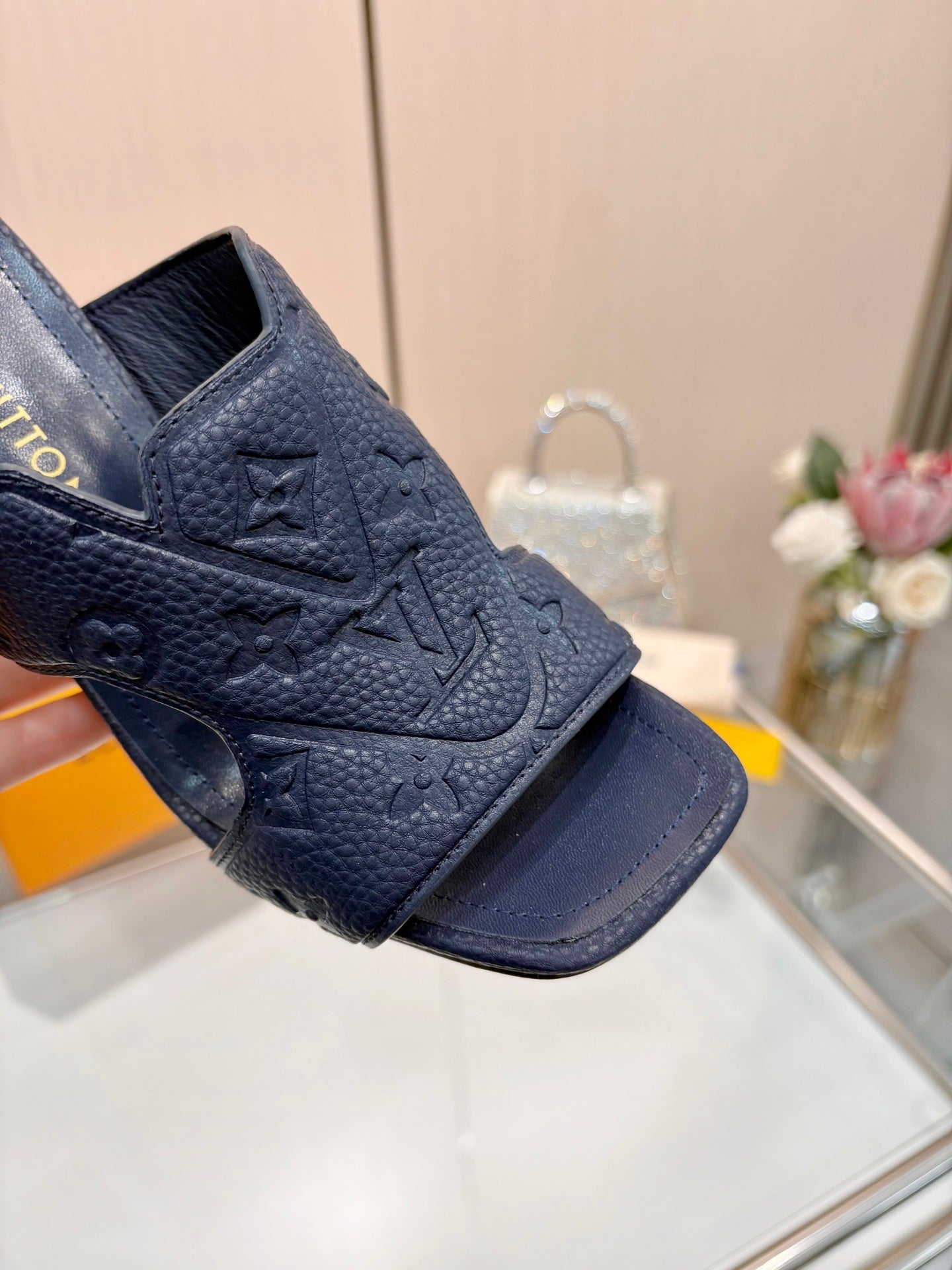 LV 26S HIGH-HEELED SANDALS 90 MM IN DARK SLATE BLUE CALFSKIN