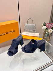 LV 26S HIGH-HEELED SANDALS 90 MM IN DARK SLATE BLUE CALFSKIN